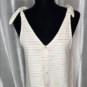 LOFT Flounce Sleeveless Mini Dress Womens S Ivory Pastel Stripe Button Tie Strap